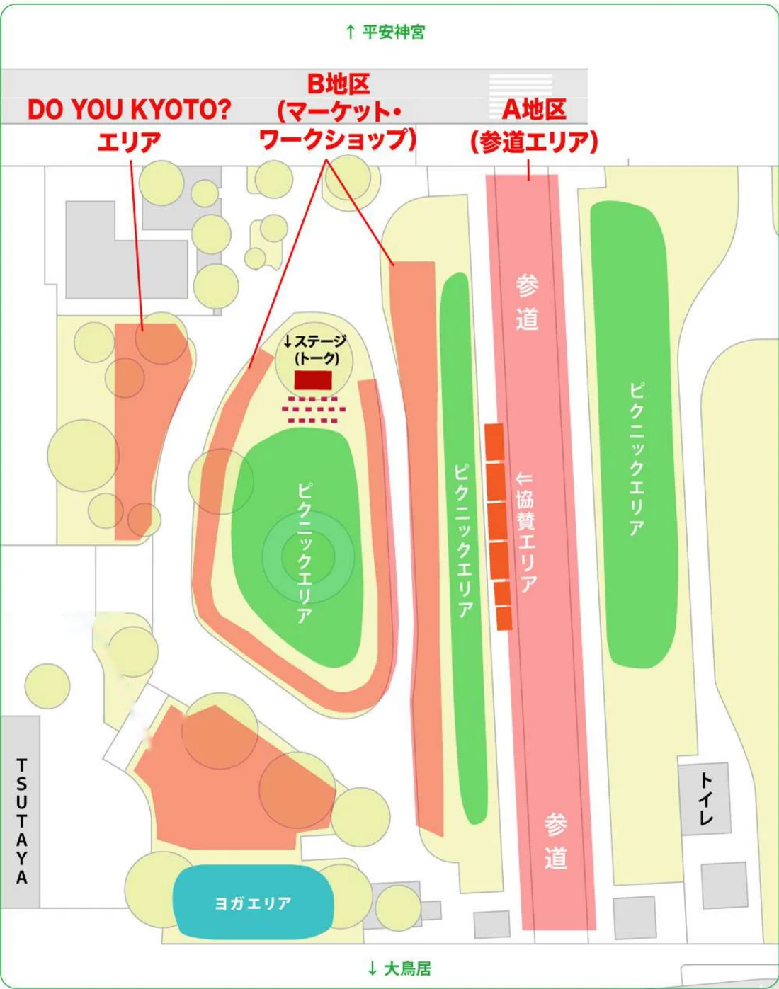 岡崎公園の会場マップ。北に平安神宮、南に大鳥居。東側に参道（A地区）、中央にマーケット・ワークショップ（B地区）とステージ、北西にDO YOU KYOTO?エリア、南側にヨガエリア